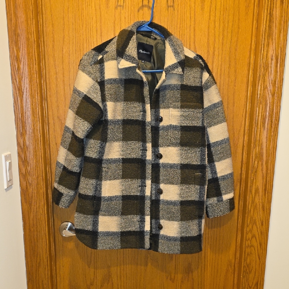 Madewell Plaid Peacoat in Cream, Olive, Black & Gray